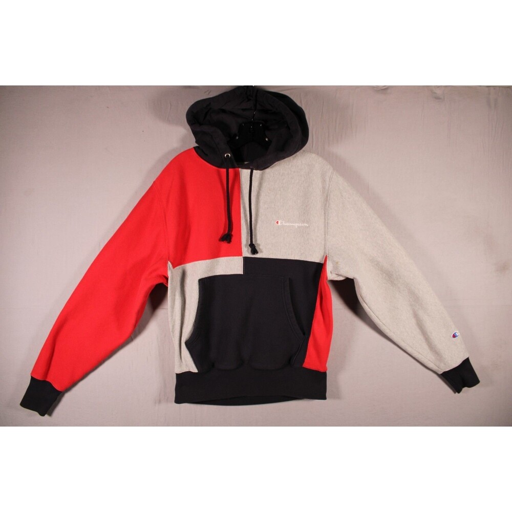 Champion Reverse Weave Colorblock Pullover Hoodie Men’s Small Gray Red Black